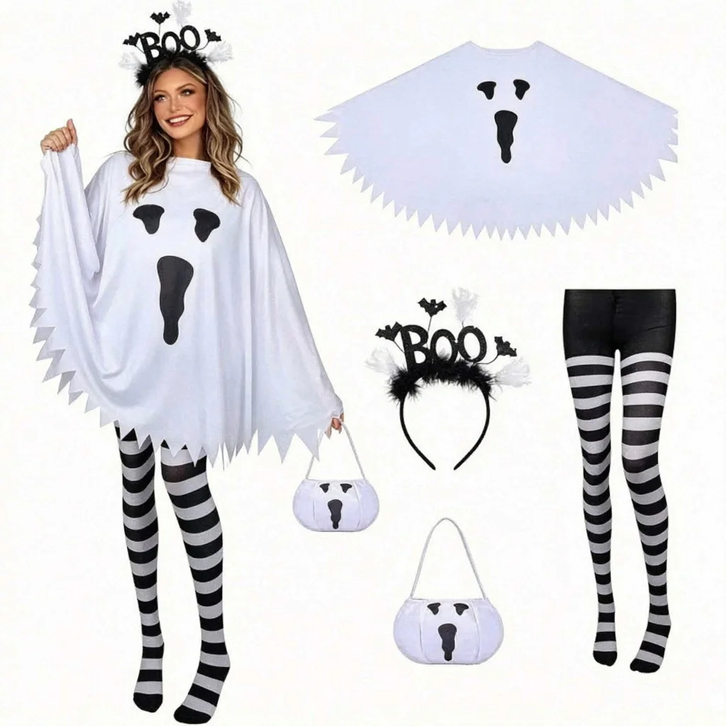 Costume fantôme « BOO » — poncho, serre-tête, collants